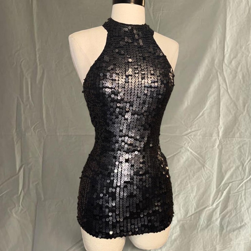 Y2K Black Silk Cotton Sequin Halter Top